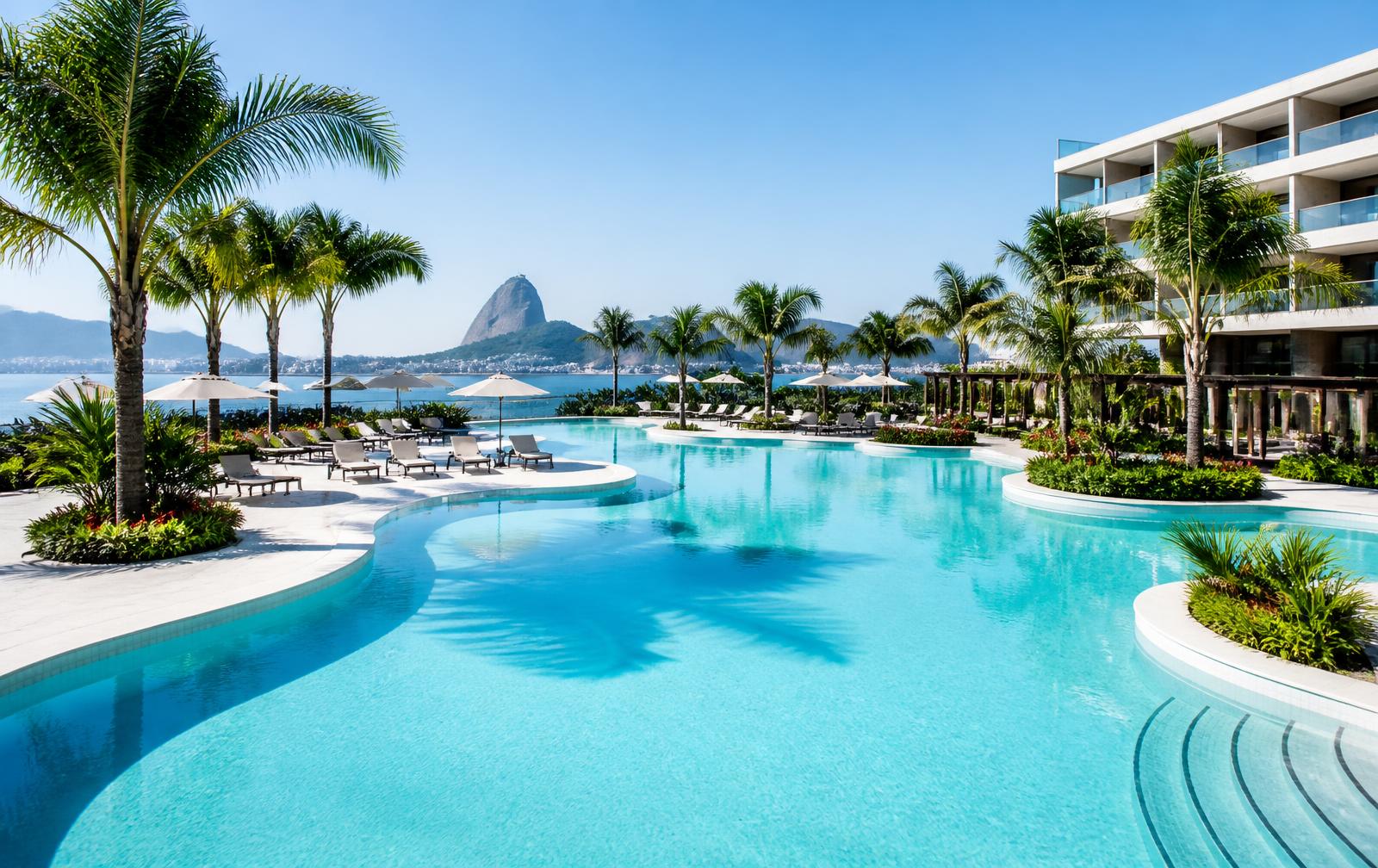 Complexo de piscinas de resort no Rio de Janeiro com água azul cristalina e deck limpo