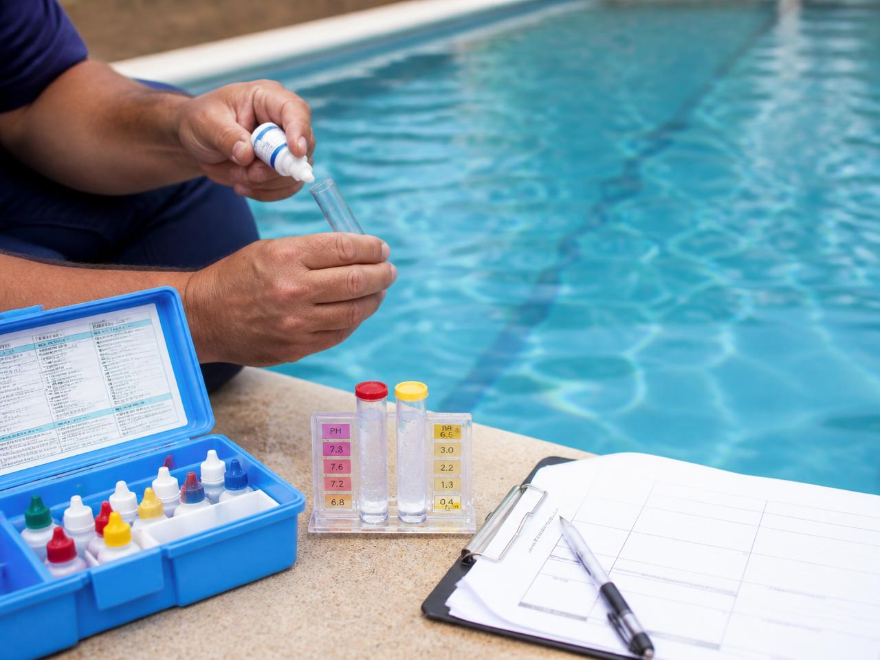 Técnico da Alpha Náutica medindo o pH e o cloro da água da piscina com kit profissional e registro em prancheta